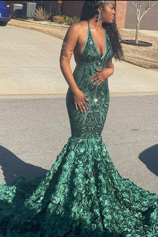 Classy Green V-Neck Sleeveless Prom Dress Sequins Flowers Bottom