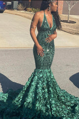 Classy Green V-Neck Sleeveless Prom Dress Sequins Flowers Bottom
