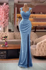  Glamorous Straps Sweetheart Mermaid Sequin Split Evening Dress with Pleats
