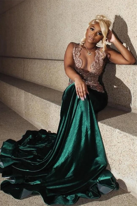 Modern Dark Green Velvet Mermaid Prom Dress Sleeveless Long With Beadings