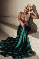 Modern Dark Green Velvet Mermaid Prom Dress Sleeveless Long With Beadings