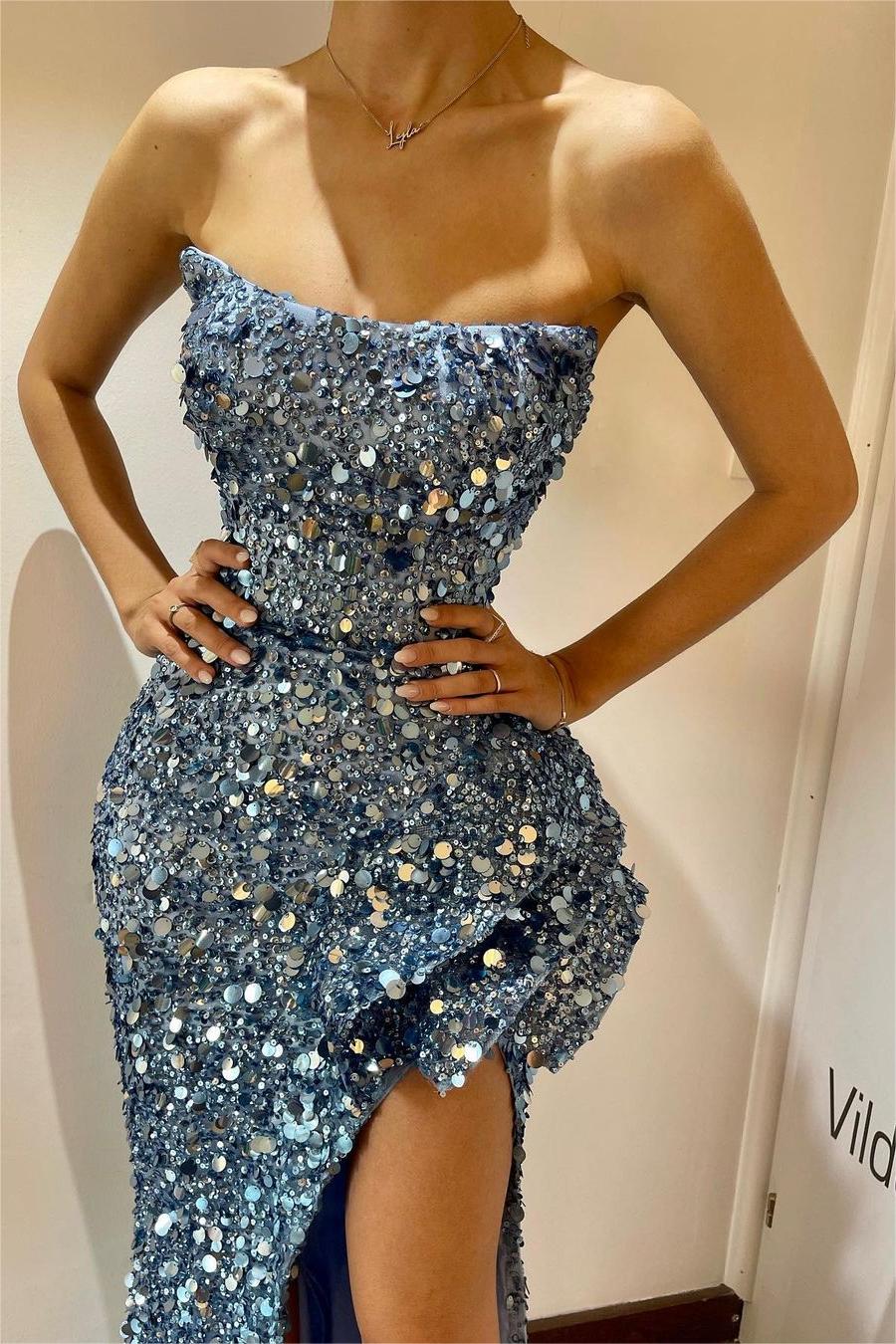 Charming Sky Blue Sequins Strapless Sleeveless Split Prom Dress with Beadings