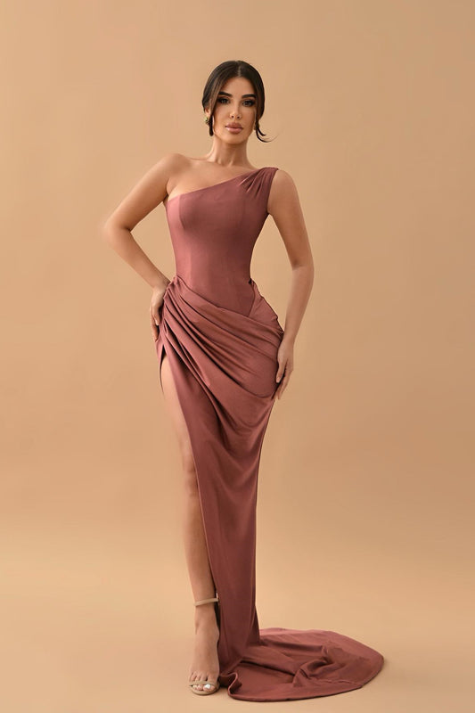 Gorgeous Dusty Rose One Shoulder Mermaid Prom Dress Pleats With Split