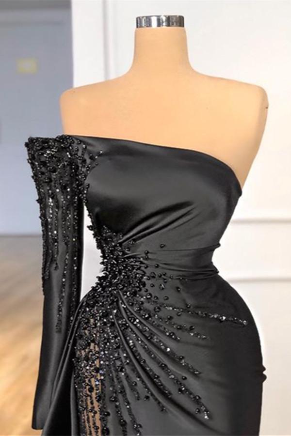 Stunning Black Long Sleeves One Shoulder Mermaid Prom Dress