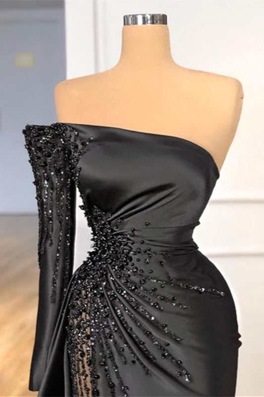 Stunning Black Long Sleeves One Shoulder Mermaid Prom Dress