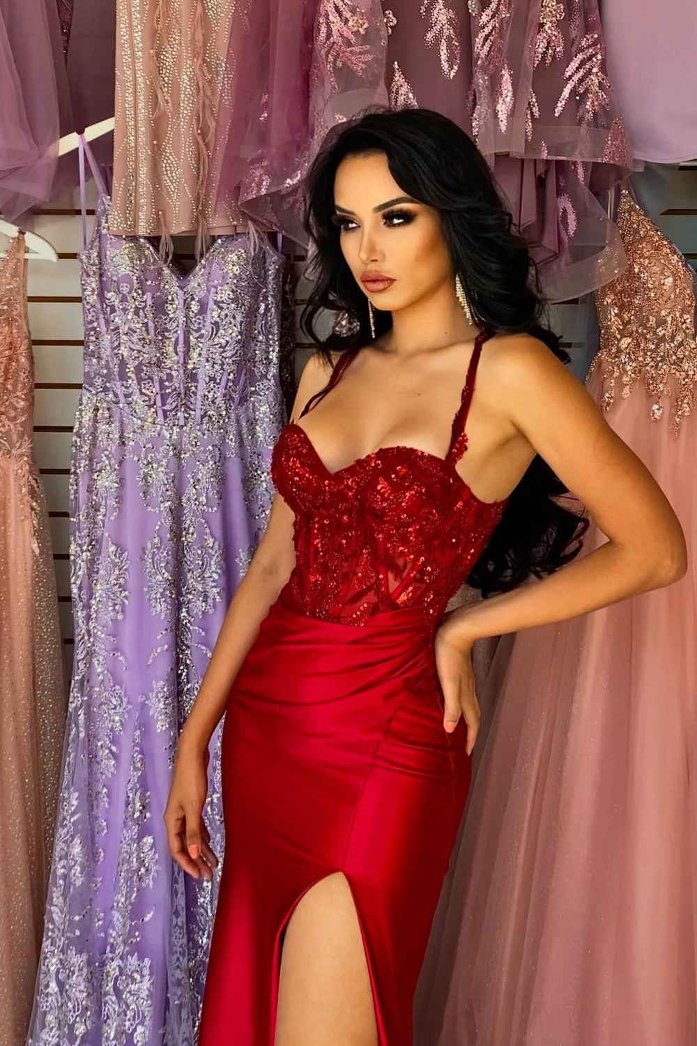 Modern Red Spaghetti-Straps Sleeveless Prom Dress Mermaid Split Long With Sequins