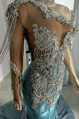 Modern Dusty Blue One Shoulder Long Sleeves Prom Dress Mermaid With Beadings Tassels