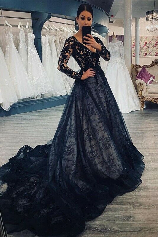 Gorgeous Black Long Sleeves V-Neck Prom Dress With Lace Tulle On Sale