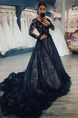 Gorgeous Black Long Sleeves V-Neck Prom Dress With Lace Tulle On Sale