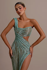  Mint Green One Shoulder Long Prom Dress Sleeveless with Split