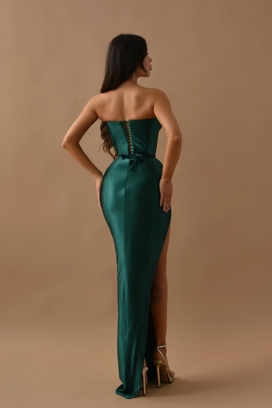 Stunning Dark Green Sweetheart Prom Dresses High Split Long Corset Back