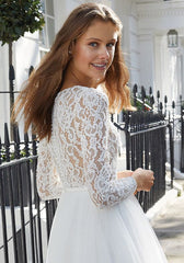 Elegant A-line Tulle Wedding Dress Featuring Jewel Sleeves and Lace