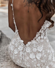 Elegant Lace Backless Mermaid Wedding Dress with Long V-neck and Floral Details