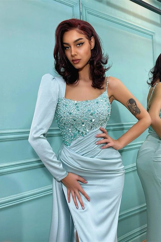Long Sleeves Sequins Prom Dress Mermaid Slit