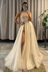 New Arrival One Shoulder Sleeveless Prom Dress Tulle With Sequins Slit