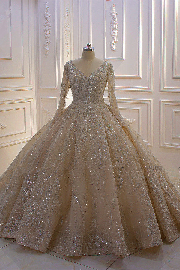 Elegant V-neck Ball Gown with Long Sleeves, Sequins, Beading, and Ruffles