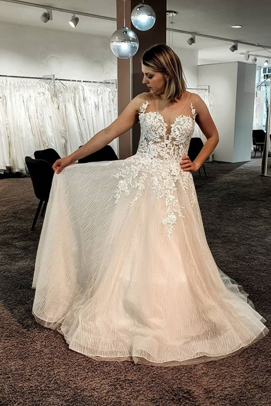 Elegant V-neck A-line Floor-length Backless Wedding Gown in Tulle Lace