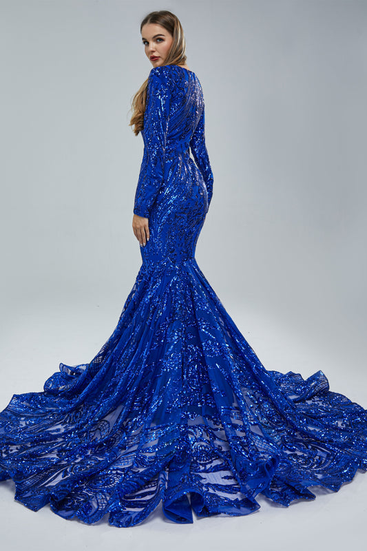 Gorgeous Royal Blue Long Sleeves Prom Dress Mermaid Sequins Online