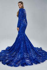 Gorgeous Royal Blue Long Sleeves Prom Dress Mermaid Sequins Online