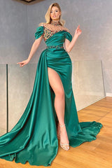 Modern High neck Emerald Green Mermaid Prom Dresseses Off-the-Shoulder Slit With Crystals
