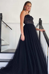 Modern Strapless A-Line Prom Dress Tulle Lace Zipper Back