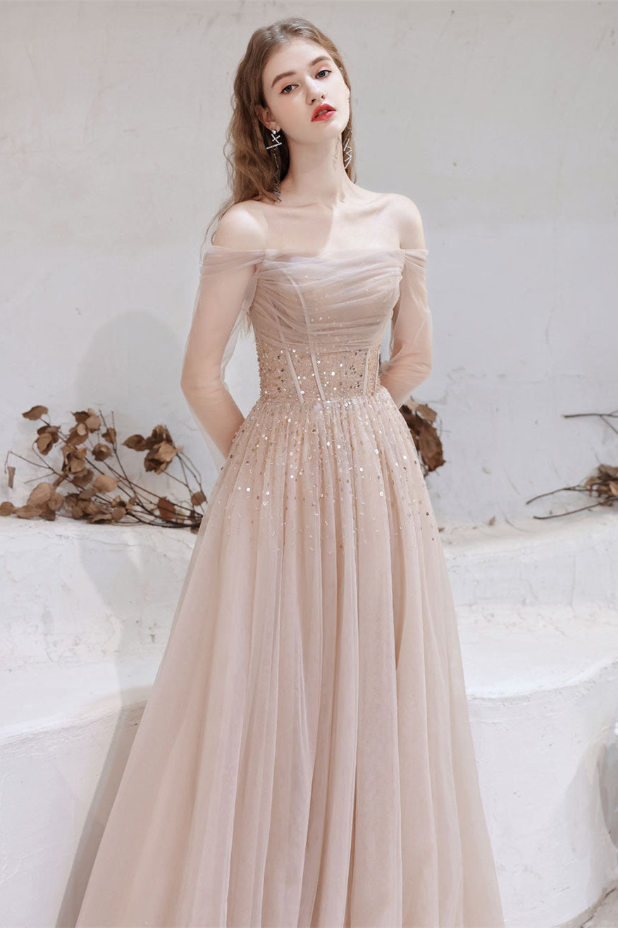 Gorgeous Sheer Long Sleeves Prom Dress Tulle Lace-up Off-the-Shoulde