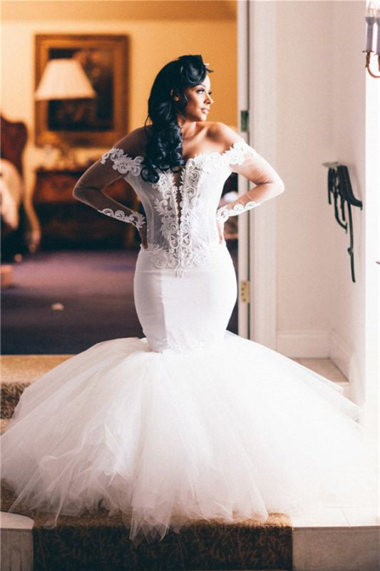 Elegant Off-the-Shoulder Mermaid Wedding Dress with Long Sleeves and Tulle Appliques
