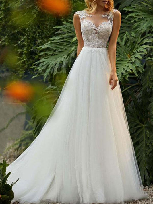 Long Sleeveless Wedding Dress in Tulle Lace