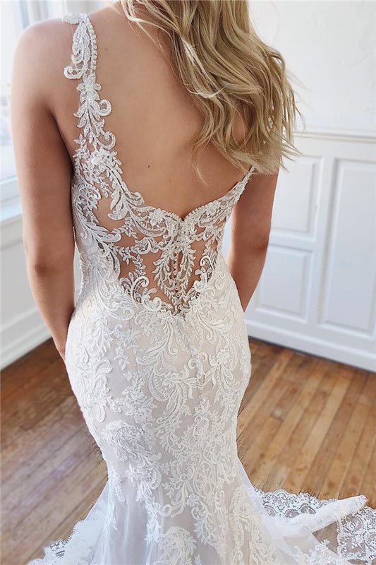 Elegant Mermaid Wedding Gowns with Crystal Lace Straps and Appliques