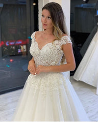 Pearl-Embellished V-Neck A-Line Wedding Gown with Wide Straps and Lace Appliques