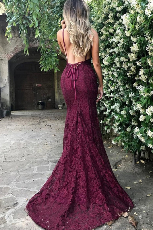 Modern Burgundy V-Neck Sleeveless Mermaid Prom Dress Backless