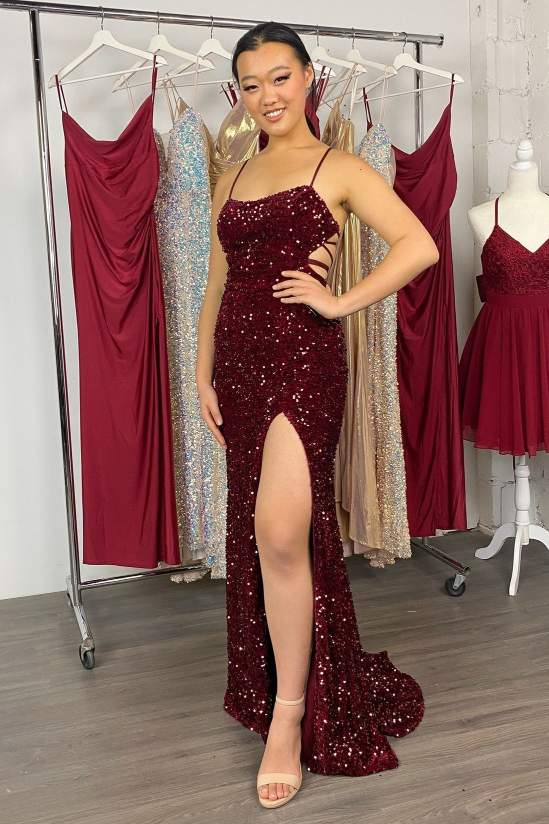 Charming Spaghetti-Straps Sequins Prom Dress Mermaid Sleeveless With  Slit Strings Back