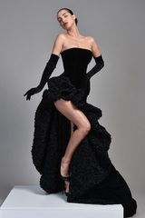 Black Evening Dress Half Sleeves Off-the-Shoulder High Slit