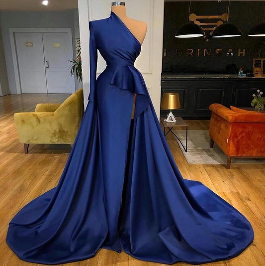 Amazing Royal Blue Long Sleeves Prom Dress Mermaid Slit With Ruffles