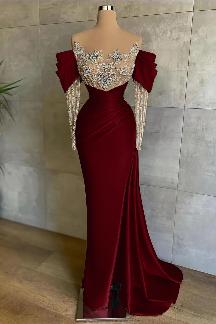 Pink Off-the-Shoulder Front Split Mermaid Long Sleeves Prom Dress Beadings with Appliques
