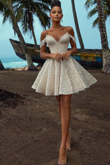Short Off-the-shoulder Lace Wedding Dress in A-line Silhouette