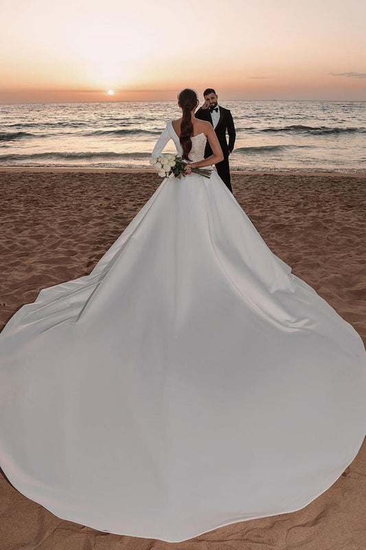 Elegant One Shoulder A-line Wedding Gown with Sequins and Long Sleeves