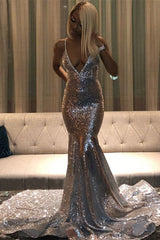 Classic Deep V-Neck Sleeveless Sequins Prom Dress Mermaid