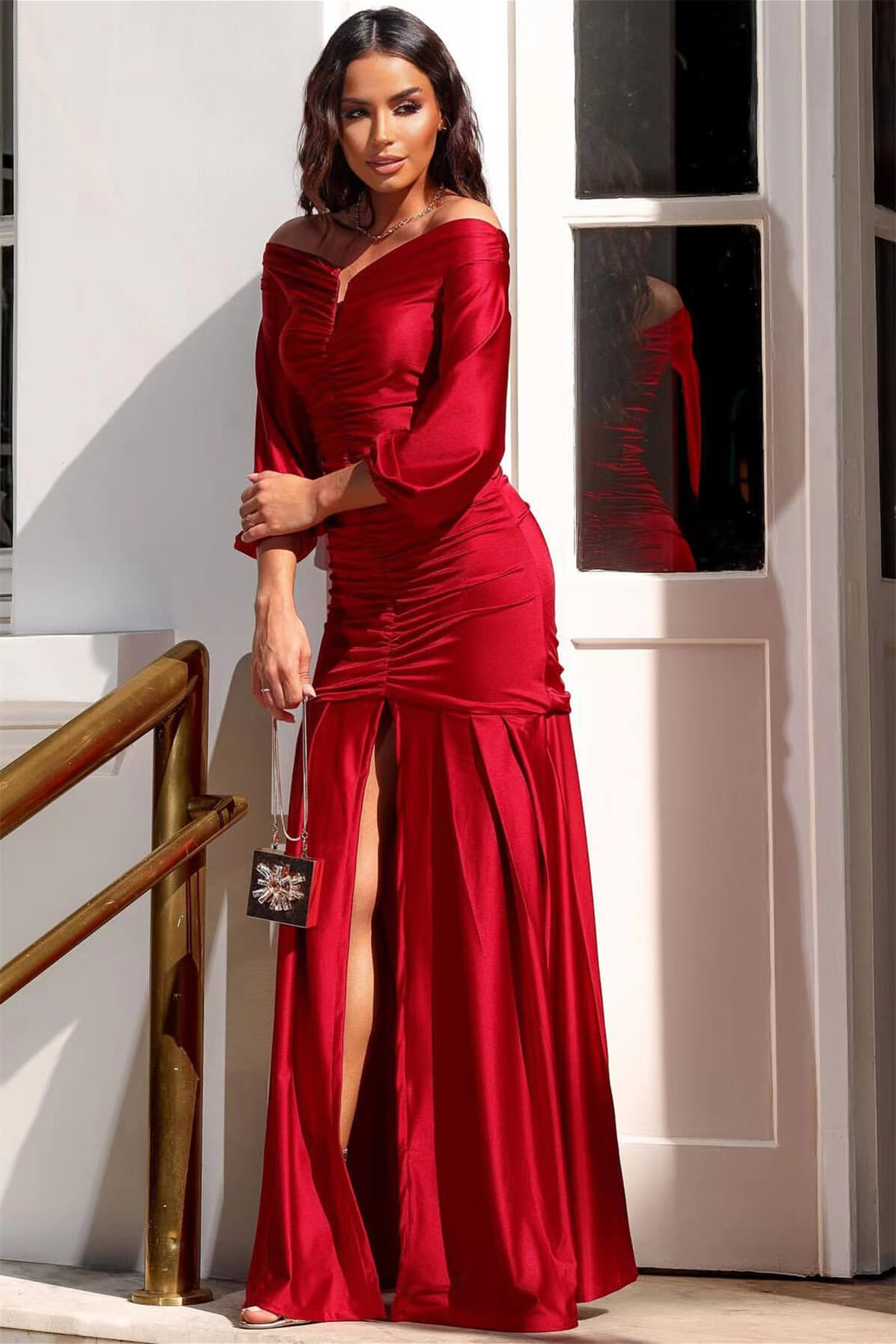 Glorious Red Long Sleeves Prom Dress Off-the-Shoulder Front Split