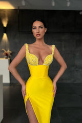 Gorgeous Yellow Sequins Straps Mermaid Prom Dress With Slit