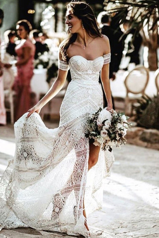 Off-the-Shoulder Boho Mermaid Wedding Dress with Lace