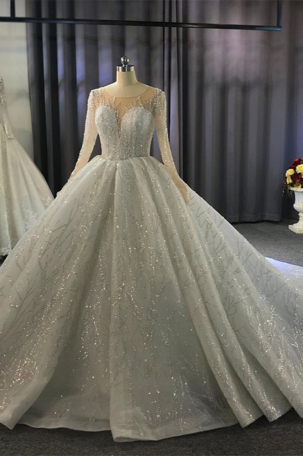 Elegant Bateau Floor-length Ball Gown with Long Sleeves and Ruffles