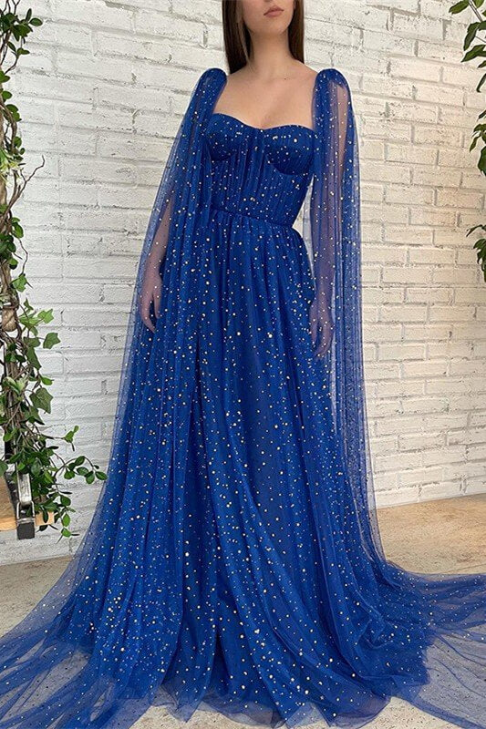 Chic Royal Blue Ruffles Long Evening Dress Beads with Tulle