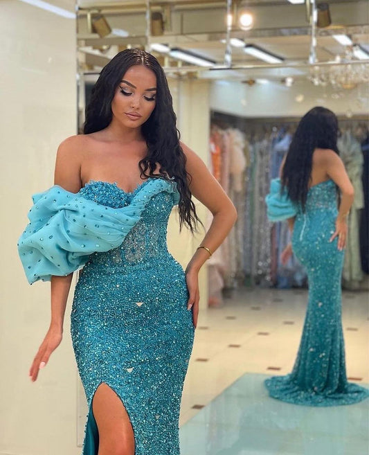 Glorious One Shoulder Blue Mermaid Prom Dress High Split With Beads