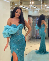 Glorious One Shoulder Blue Mermaid Prom Dress High Split With Beads