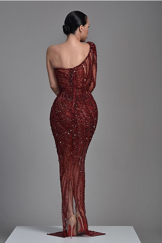 Brgundy Evening Dress One Shoulder Sequins Heavy Mermaid