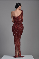 Brgundy Evening Dress One Shoulder Sequins Heavy Mermaid