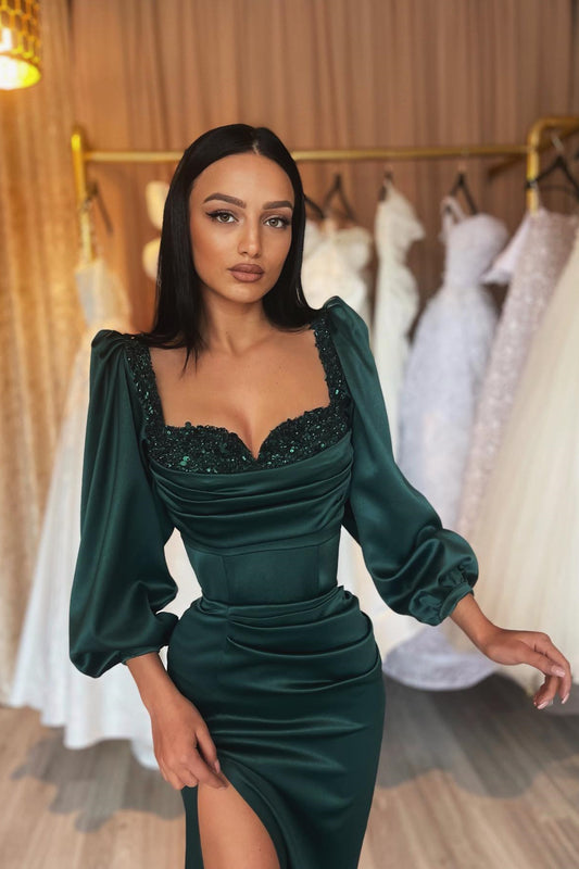 Chic Dark Green Sweetheart Long Sleeves Mermaid Prom Dress Sequins With Split