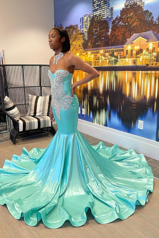 Classic Mint Green High Neck Prom Dress Mermaid With Crystals Sleeveless