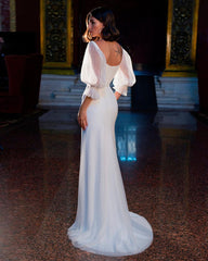 Simple Long White Wedding Dress Featuring Detachable Bubble Sleeves